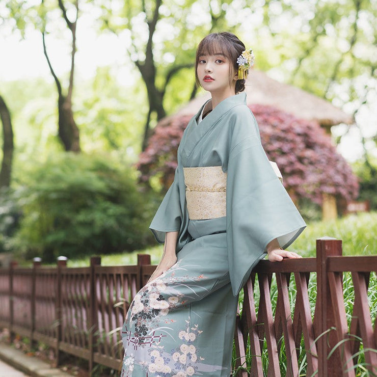 Women Japanese Festival Wear Green Yukata with Obi | En Kimono Women Japanese Festival Wear Green Yukata with Obi | En Kimono