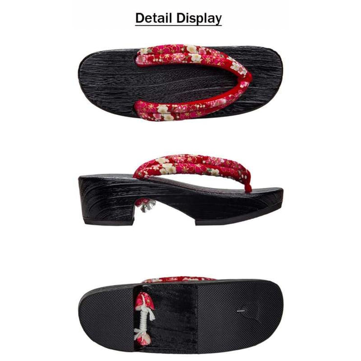 Geta | Women High Heel Wooden Sandals [Black Base Cherry Blossom] | Foxtume