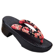 Geta | Women High Heel Wooden Sandals [Black Base Cherry Blossom] | Foxtume