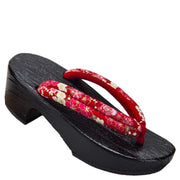 Geta | Women High Heel Wooden Sandals [Red Base Floral Pattern] | Foxtume