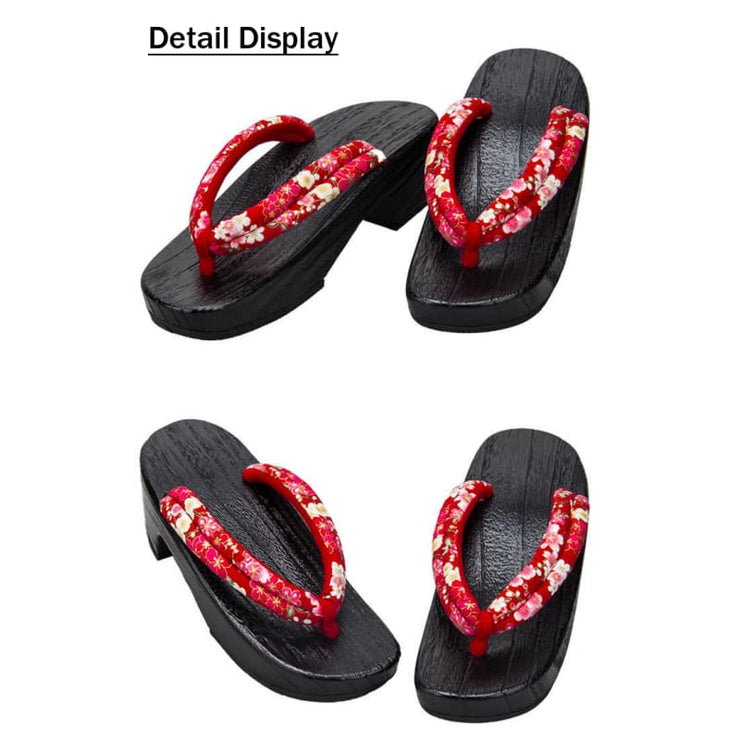 Geta | Women High Heel Wooden Sandals [Red Base Floral Pattern] | Foxtume