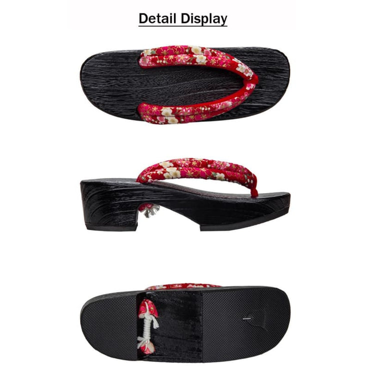 Geta | Women High Heel Wooden Sandals [Red Base Sakura Pattern] | Foxtume