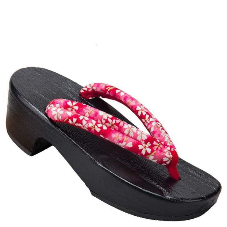 Geta | Women High Heel Wooden Sandals [Red Base Sakura Pattern] | Foxtume