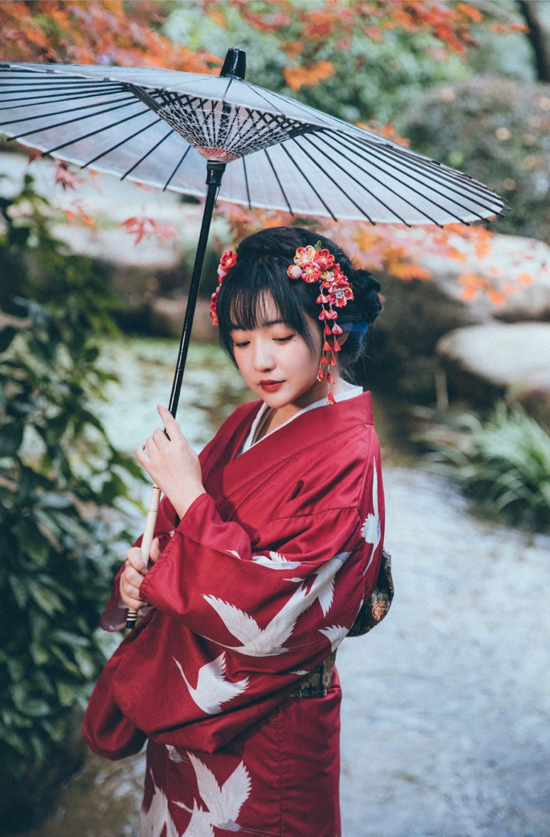 Women Japanese Festival Wear Red Yukata [Crane] | En Kimono