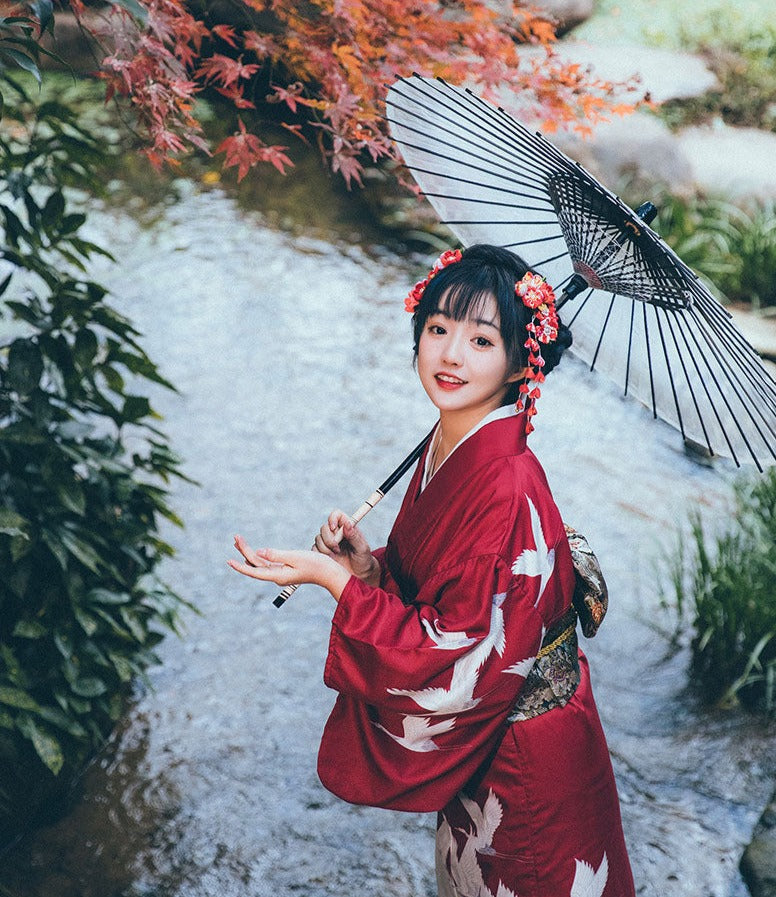 Women Japanese Festival Wear Red Yukata [Crane]