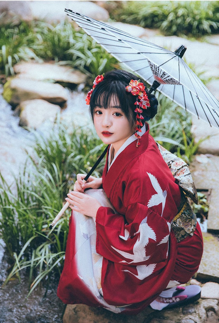 Women Festival Wear Red Yukata [Crane]