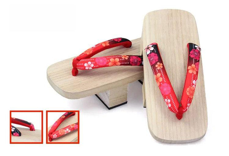 Geta | Women Two Teeth Wooden Sandals [Gradient Red Flower] | Foxtume